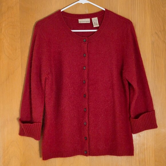Vintage Apostrophe Angora Button Up Cardigan Size L Red 3/4 Sleeve 90s Old Money - Picture 1 of 7